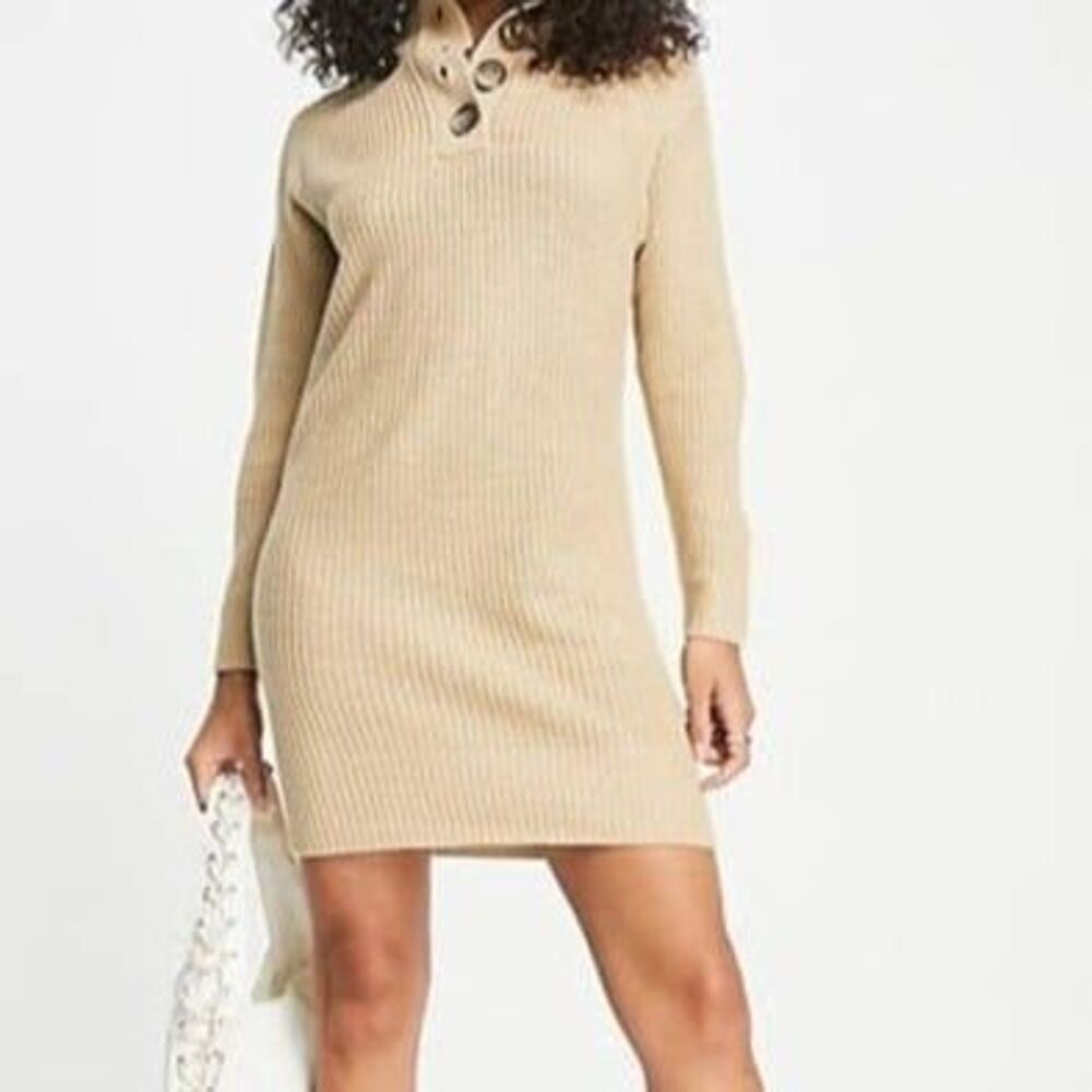 Brave Soul Women's Knitted Polo Sweater Dress High Neck Beige Size 8